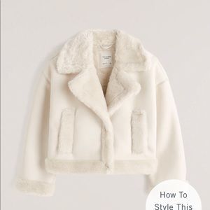 Abercrombie & Fitch Oversized Short Sherpa-Lined Vegan Leather Coat in white